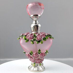 Pink Roses on Frosted PInk Glass Decorative Bottle